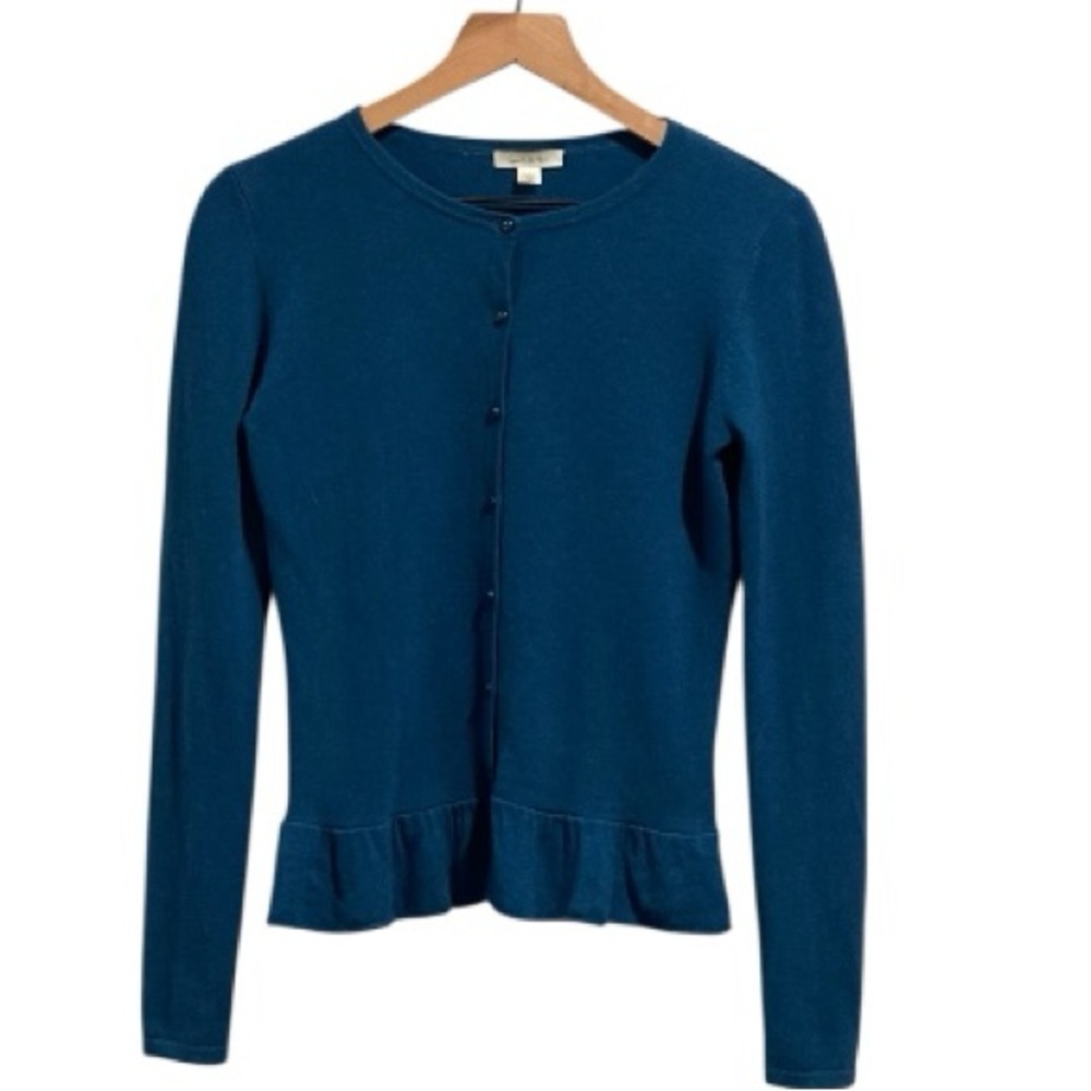 Garnet Hill Teal Cashmere Cardigan Sweater, Ruffle Hem,Long Sleeve,Round Neck,XS